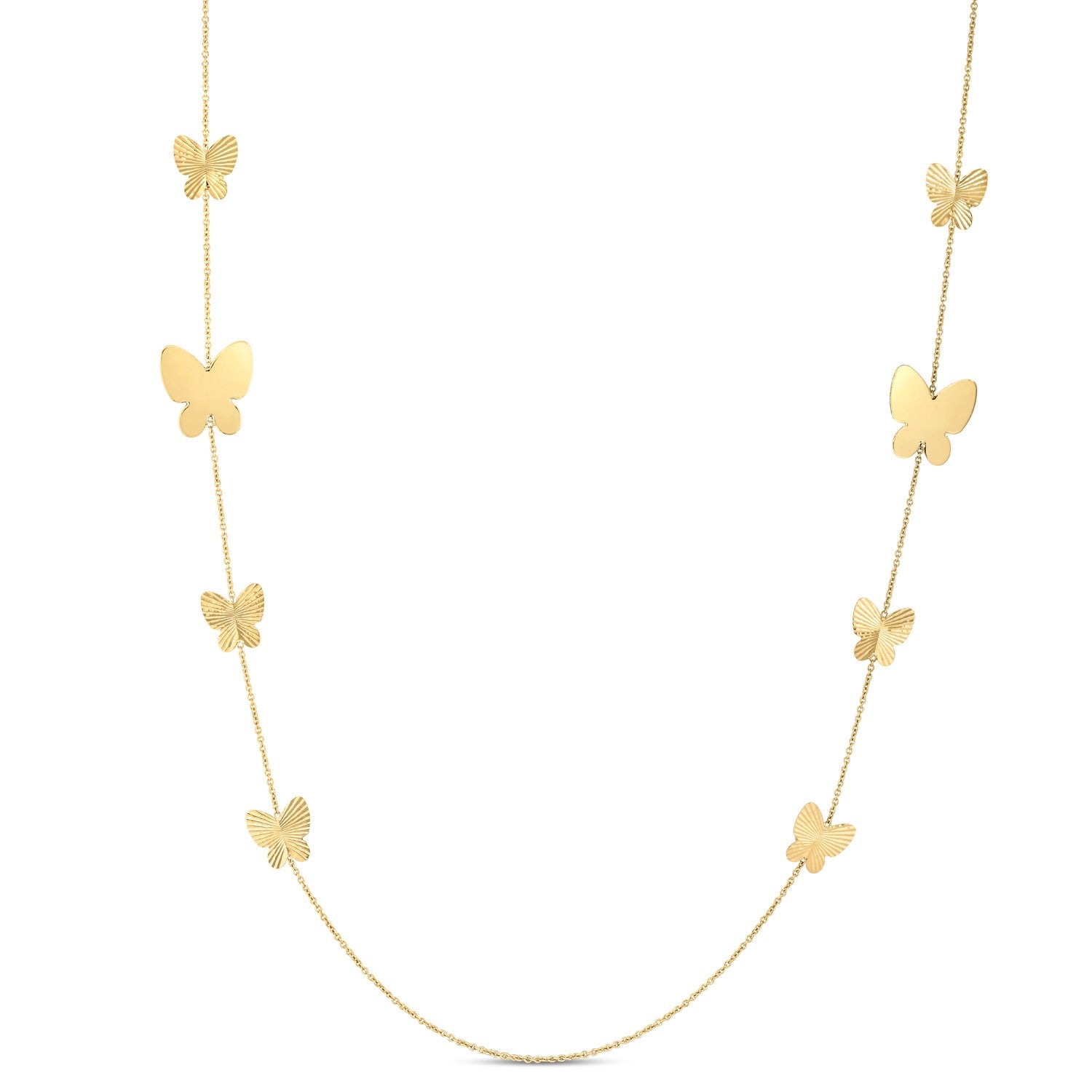14k Yellow Gold Papillon Graduated Butterfly Necklace in a sleek high-contrast midnight luxury editorial style